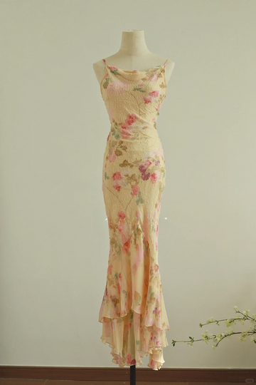 Retro Print Floral Mermaid Spaghetti Strap Beaded Chiffon Prom Dress Evening Dress HZ1023